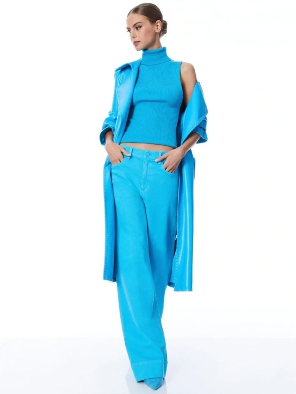 Alice + Olivia Sofia High Rise Wide Leg Boyfriend Jeans Ocean Floor Blue Sz 25